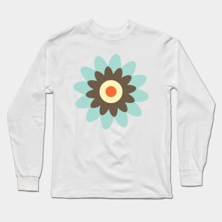 Retro Flower in Light Blue, Brown, Orange and Cream Long Sleeve T-Shirt